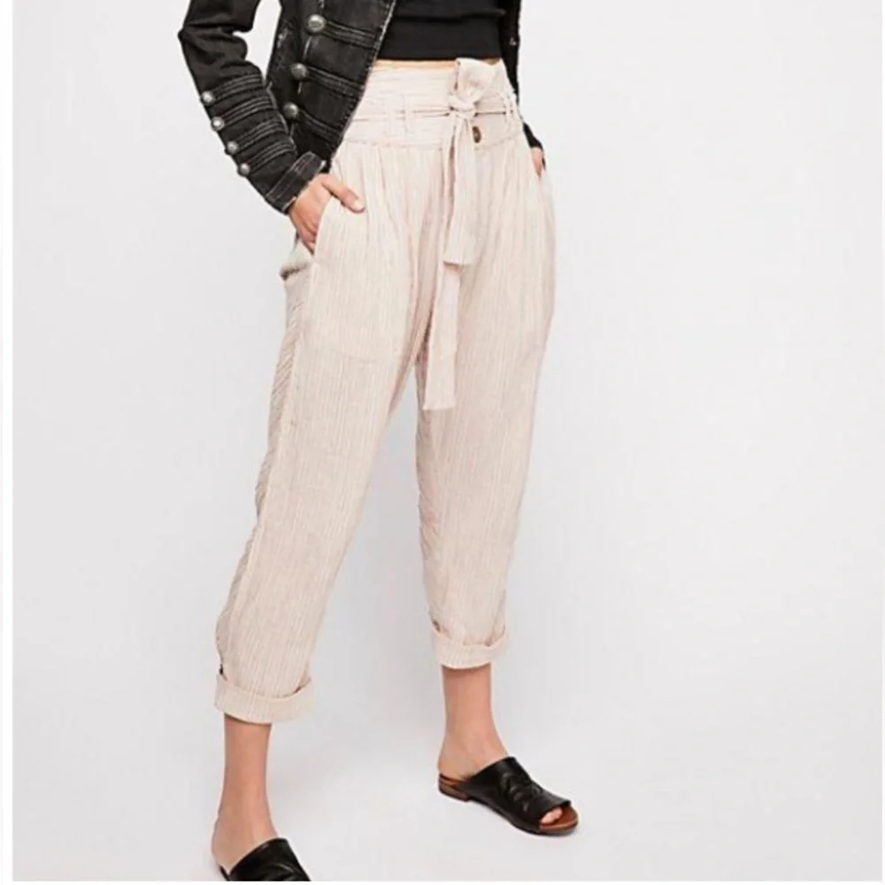 Free People Rumors Yarn Dye Harem Pants In Natural Slouchy‎ Cotton Size 6